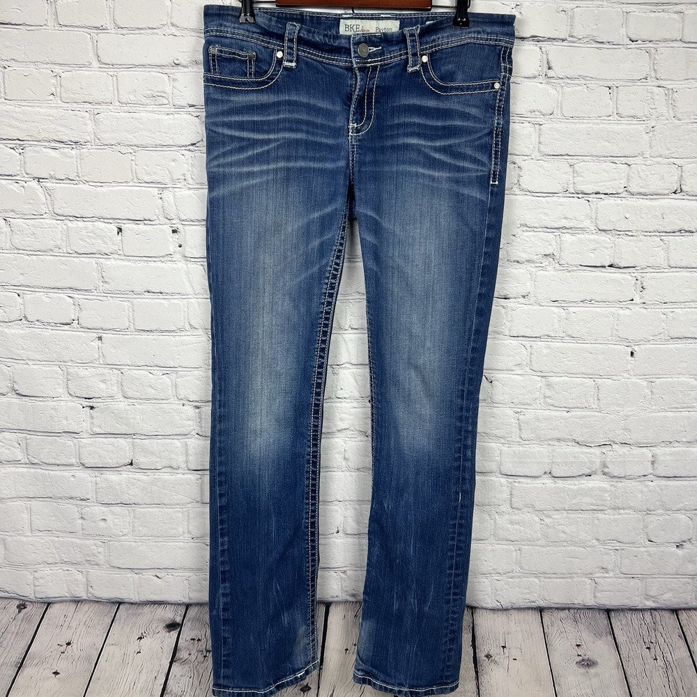 BKE Payton Bootcut Blue Denim Jean 32L Embellished Pockets Thick Stitch Mid Rise
